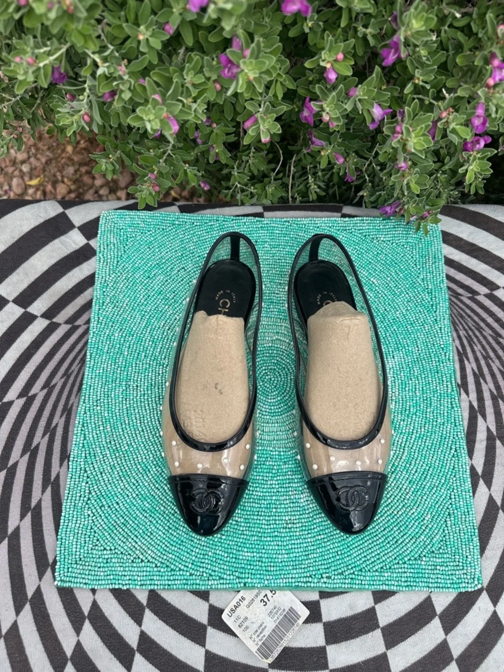 CHANEL PVC serial#GO2819 clear balerina flats 37 1/2 with Pearl Polka Studs-used